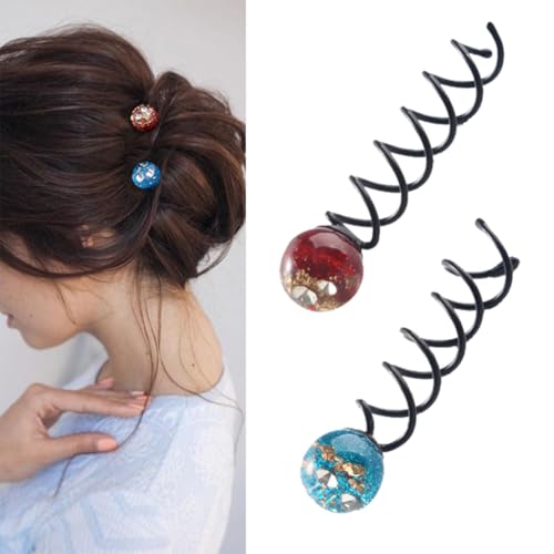 Spiral-Haarnadeln mit Glitzerkugel, Haarspange, Haarklammern, Haarklammern, Spin-Haarknoten, Styling-Werkzeug, Haar-Accessoires für Damen (Blau + Rot), 2 Stück von VASANA