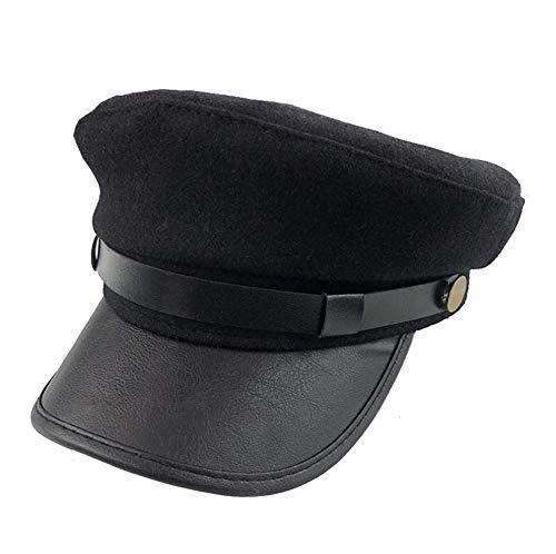 VASANA Schwarzer Chauffeurhut Fahrerhut Retro Militär Hut Baumwolle Leder Kapitän Matrosen Flat Cap Klassische Vintage Newsboy Cap Fischerhut für Damen und Herren, B, M von VASANA