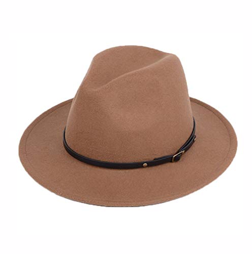 VASANA Unisex Damen Herren Fashion Classic Wide Brim Gürtelschnalle Fedora Hut Filz Panama Trilby Hut Kirche Derby Cap Jazz Cap (Khaki), khaki von VASANA