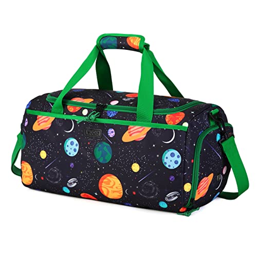 Kinder Duffle Bag, VASCHY Reisetasche für Kleinkinder Kinder Jungen Wasserabweisend Über Nacht Duffel Ballett Tanz Sport Carry On Weekender Bag mit Schuhfach Dry Wet Pocket Grün Planet von VASCHY