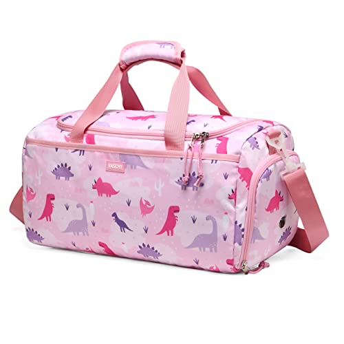 Kinder Duffle Bag, VASCHY Reisetasche für Kleinkinder Kinder Mädchen Wasserabweisend Über Nacht Duffel Ballett Tanz Sport Carry On Weekender Bag mit Schuhfach Dry Wet Pocket Rosa Dinosaurier von VASCHY