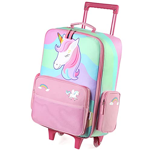 VASCHY Kinderkoffer, Schön Reisekoffer Jungen Handgepäck Koffer Kleinkind Kindergarten Kinder Mädchen Trolley mit Rädern 18 Zoll Regenbogen Einhorn von VASCHY