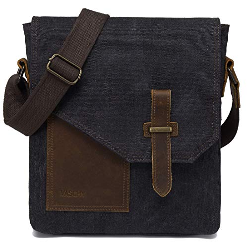 VASCHY Klein Umhängetasche Herren, Vintage Leinwand Herrentasche Echtes Leder Schultertasche Klassische Kuriertasche Crossbody für Arbeit, Schule, Alltag Schwarz von VASCHY