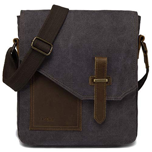 VASCHY Klein Umhängetasche Herren, Vintage Leinwand Herrentasche Echtes Leder Schultertasche Klassische Kuriertasche Crossbody für Arbeit, Schule, Alltag Dunkelgrau von VASCHY