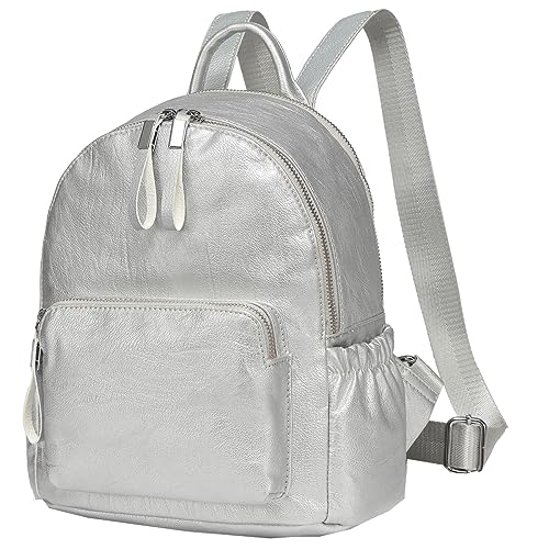 VASCHY Mini Rucksack PU Leder Mädchen Damen Rucksack Mode Leicht Schulranzen Schultasche Damen, silber von VASCHY