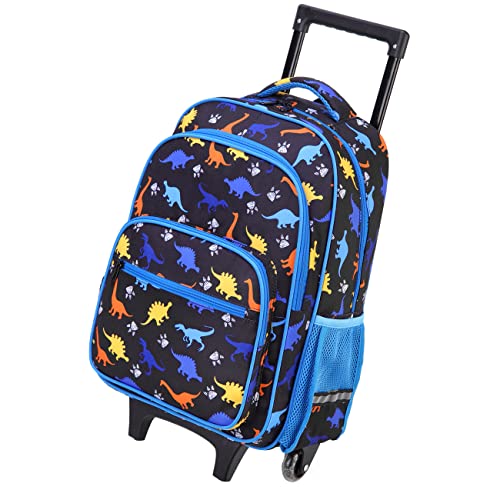 VASCHY Rollrucksack Kinder, Wasserabweisender Strapazierfähiger Trolley Kindergarten Rollrucksack Schulrucksack für Jungen Handgepäck Büchertasche mit Rollen Schwarz Dinosaurier von VASCHY