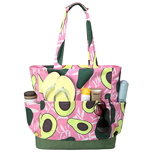 VASCHY Strandtasche Damen, Leichte Handtasche Wasserabweisende Große Faltbare Pooltasche Reisetaschen mit Reißverschluss für Schwimmbad Rosa Avocado von VASCHY