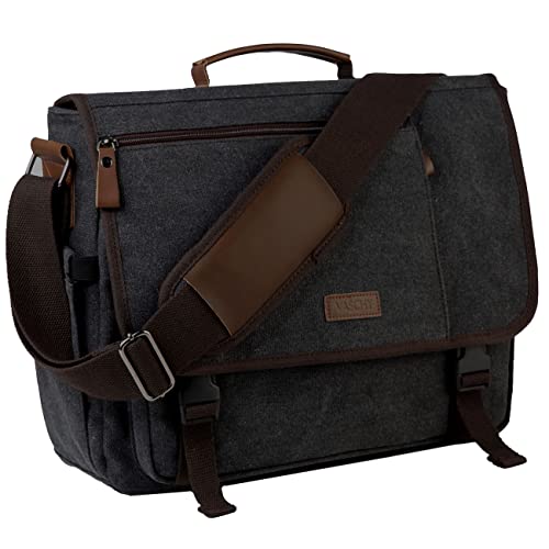 VASCHY 15.6 Zoll Umhängetasche Herren, Canvas Laptoptasche Groß Businesstasche Arbeitstasche Damen Lehrertasche für Schule/Business/Reisen Schwarz von VASCHY