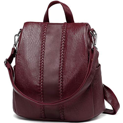 VASCHY Anti Diebstahl Rucksack Damen, Wasserabweisend Leder Handtasche Umhängetasche Elegant Schultaschen Rucksack Casual Daypack für Frauen Hochschule Mädchen Burgund von VASCHY