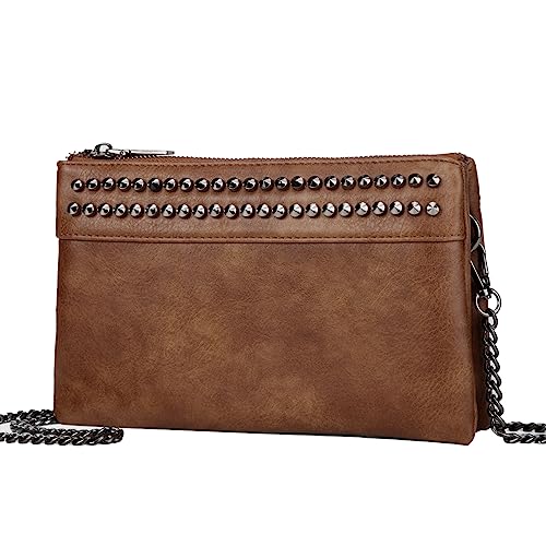 VASCHY Clutch Damen, ELegant Nieten Weiches Kunstleder Handtasche Umhängetasche Wristlet Clutch Crossbody für Hochzeit Freizeit Party Braun von VASCHY