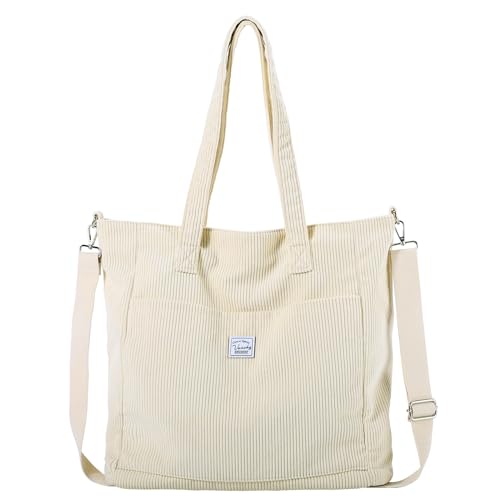 VASCHY Corduroy Handtasche Damen, Leichte Große Umhängetasche Arbeitstasche Tote Bag Hobo Schulter Crossbody Tasche Geldbörse Beige von VASCHY