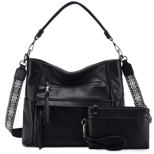 VASCHY Handtasche Damen, Vegan Große Hobo Bags Frauen Tote Bag Brieftaschen-Set Slouchy Umhängetasche Geldbörse Schwarz von VASCHY