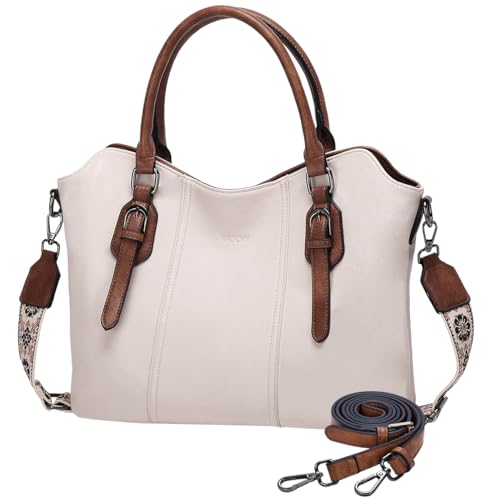 VASCHY Handtasche für Dame, Top Griff Satchel Vegan Leder Hobo Taschen Schulter Frauen Geldbörse Handtasche Geldbörse mit Crossbody Gitarrengurt Beige von VASCHY