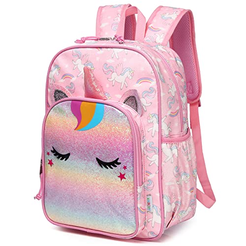 VASCHY Kinderrucksack, Niedlich Wasserabweisend Vorschule Kinder Jungen Rucksack Leicht Kindergarten Mädchen Kleinkind Rucksack mit Brustgurt Rosa Einhorn von VASCHY