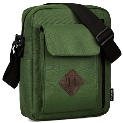 VASCHY Klein Umhängetasche Herren, Vintage Leinwand Dame Schultertasche Klassische Kuriertasche Crossbody für Arbeit Schule Reisen Grün von VASCHY