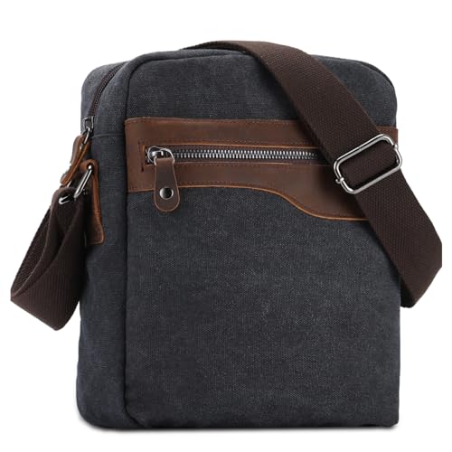 VASCHY Klein Umhängetasche Herren, Vintage Leinwand Herrentasche Echtes Leder Dame Schultertasche Klassische Kuriertasche Crossbody für Arbeit Schule Reisen Grau von VASCHY