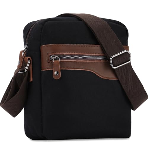 VASCHY Klein Umhängetasche Herren, Vintage Leinwand Herrentasche Echtes Leder Dame Schultertasche Klassische Kuriertasche Crossbody für Arbeit Schule Reisen Schwarz von VASCHY