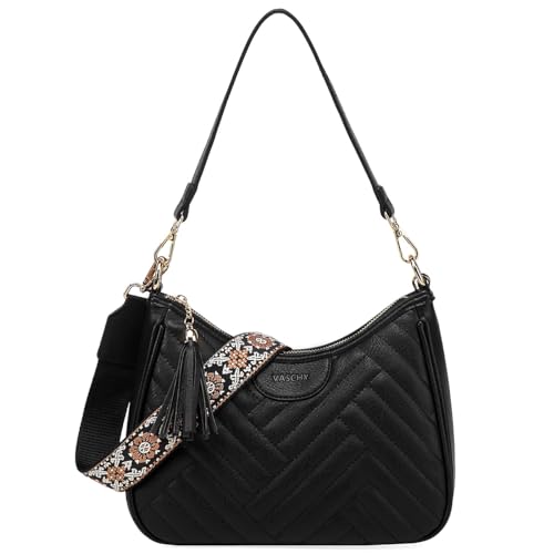 VASCHY Kleine Umhängetasche für Dame, Vegan Leder Handtasche Chevron Gesteppte Halbmond Crossbody Hobo Tasche Frauen Schwarz von VASCHY