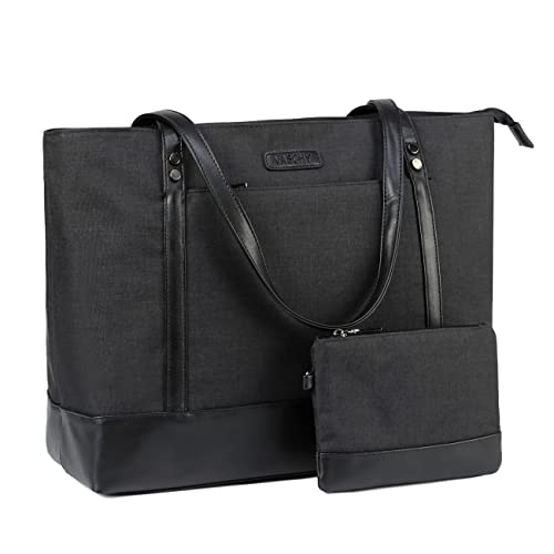 VASCHY Laptop Handtasche Damen, Groß Wasserdicht 15.6 Zoll Laptop Tasche Arbeitstasche Elegante Shopper Tote Bag für Business Büro Schule Einkauf Arbeit Reisen mit Gepäckband Schwarz von VASCHY