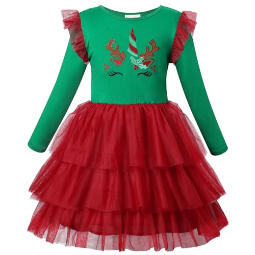 VASCHY Mädchen Kleider, 3-9Jahre Langärmeliges Mesh Prinzessin Kleid Niedlich Muster Baumwolle Alltagsleben für Kleinkinder Kinder Kleidung von VASCHY