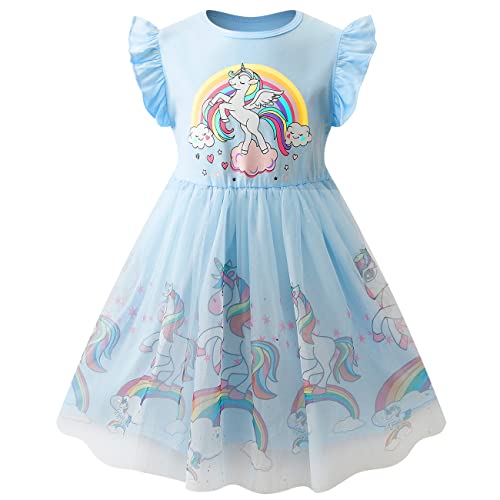 VASCHY Mädchen Kleider, 5Jahre Kurze Ärmel Mesh Prinzessin Kleid Niedlich Muster Baumwolle Alltagsleben für Kleinkinder Kinder Kleidung Blau Einhorn von VASCHY