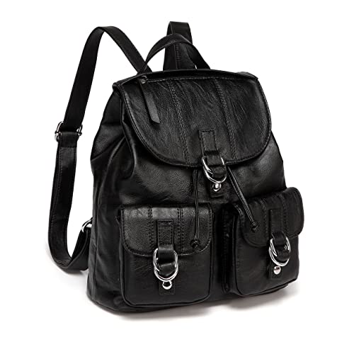 VASCHY Mini Rucksack Damen, Mode Kunstleder Schnalle Klappe Rucksack mit Kordelzug Elegant Casual Daypack für Frauen Hochschule Mädchen mit Zwei Fronttaschen Klein Schwarz von VASCHY