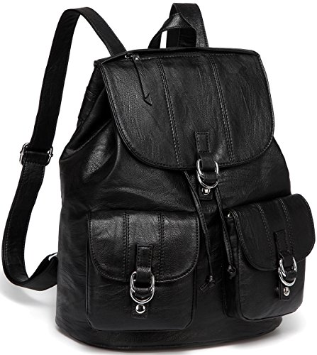 VASCHY Rucksack Damen, Mode Kunstleder Schnalle Klappe Rucksack mit Kordelzug Elegant Casual Daypack für Frauen Hochschule Mädchen mit Zwei Fronttaschen Groß Schwarz von VASCHY