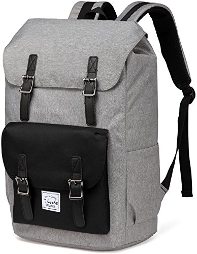 VASCHY Rucksack Herren Damen, Wasserabweisend Vintage 15.6 Zoll Daypack Schulrucksäcke Mädchen Jungen Teenage für Reisen Arbeit Täglicher Gebrauch Grau und Schwarz von VASCHY