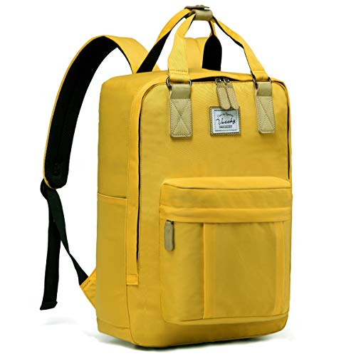 Schulrucksack Mädchen Teenager, VASCHY Wasserabweisend 15 Zoll Schulranzen Vintage Rucksack für Jungen Hochschule Damen Herren Schultasche Casual Daypack Reiserucksack Gelb von VASCHY