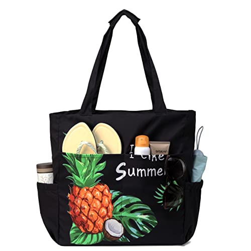 VASCHY Strandtasche Damen, Leichte Handtasche Wasserabweisende Große Faltbare Pooltasche Reisetaschen mit Reißverschluss für Schwimmbad Schwarze Ananas von VASCHY