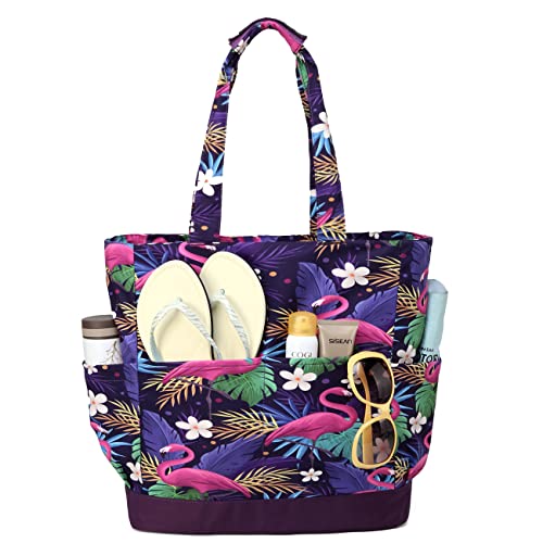 VASCHY Strandtasche Damen, Leichte Handtasche Wasserabweisende Große Faltbare Pooltasche Reisetaschen mit Reißverschluss für Schwimmbad Lila Flamingo von VASCHY