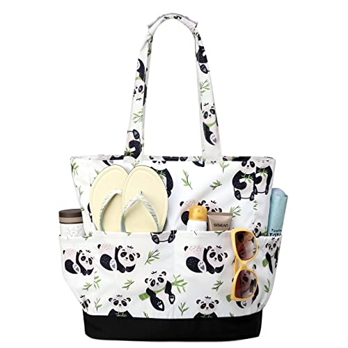 VASCHY Strandtasche Damen, Leichte Handtasche Wasserabweisende Große Faltbare Pooltasche Reisetaschen mit Reißverschluss für Schwimmbad Pandas von VASCHY