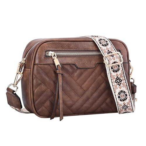 VASCHY Umhängetasche Dame, Crossbody Handtasche Trendy Vegan Leder Gesteppte Kleine Geldbörse Umhängetasche Frauen mit Abnehmbarem Gitarrengurt Kaffee von VASCHY