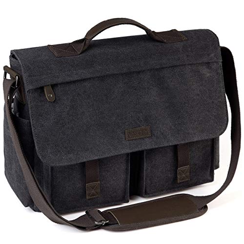 VASCHY Umhängetaschen Herren, Vintage Wasserabweisend Gewachste Leinwand 17 Zoll Laptop Aktentasche Dame Schultertasche Laptop-Taschen mit Gepolstertem Schultergurt von VASCHY