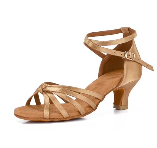 VASHCAME - Damen Hoher Absatz Tanzschuhe Standard/Latein Beige Knoten Absatzhöhe 5cm 38 von VASHCAME