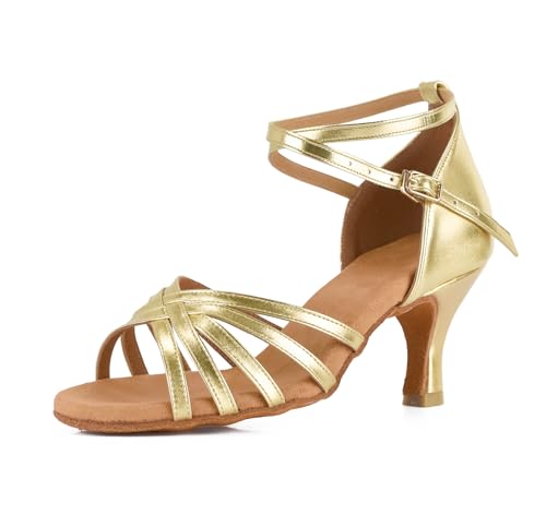 VASHCAME - Damen Hoher Absatz Tanzschuhe Standard/Latein Golden Absatzhöhe 7cm 37 von VASHCAME