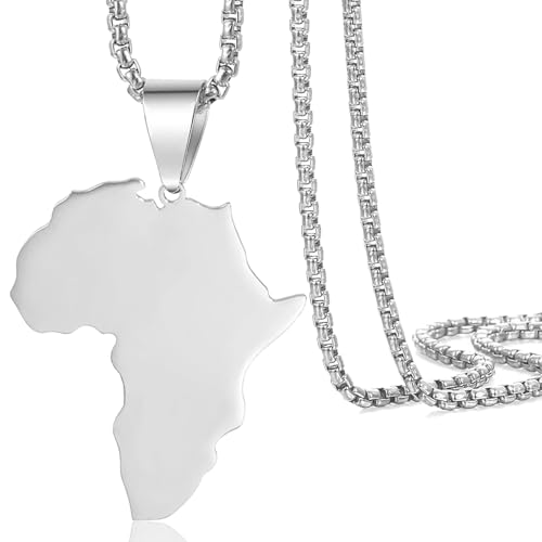 Afrika Karte Anhänger Halskette Afrika Karte Halsketten für Damen Edelstahl Männer Afrika Kontinent Halskette Afrika Karte Schmuck Zierliche Anhänger Halskette Geschenk für Mädchen Jungen (Silber) von VASSAGO