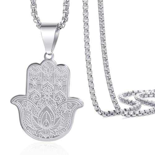 Hamsa Hand der Fatima Anhänger Halskette Hamsa Hand und Böse Blick Halskette Die Hamsa Hand Halskette Vintage Edelstahl Glück Amulett Schutz Halskette Talisman Schmuck Geschenke für Männer Frauen von VASSAGO