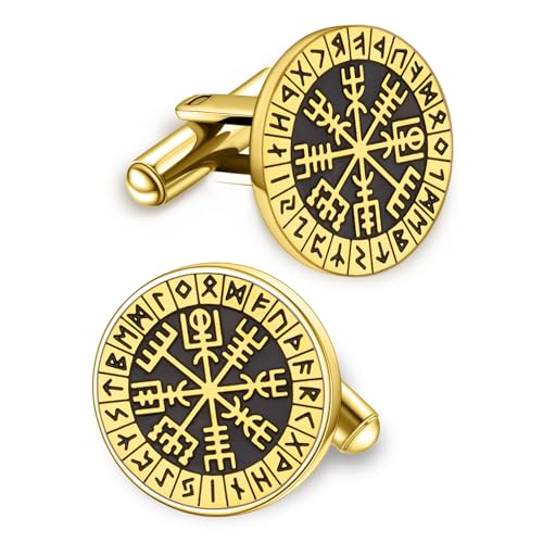 Herren Manschettenknöpfe, nordische Wikinger Smoking Manschettenknöpfe, Edelstahl Wikinger Kompass Vegvisir Runenhemd Nieten Mythologie Schmuck Geschenk für geschäftliche Hochzeit (Kompass-G) von VASSAGO