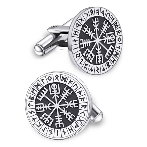 Herren Manschettenknöpfe, nordische Wikinger Smoking Manschettenknöpfe, Edelstahl Wikinger Kompass Vegvisir Runenhemd Nieten Mythologie Schmuck Geschenk für geschäftliche Hochzeit (Kompass-S) von VASSAGO