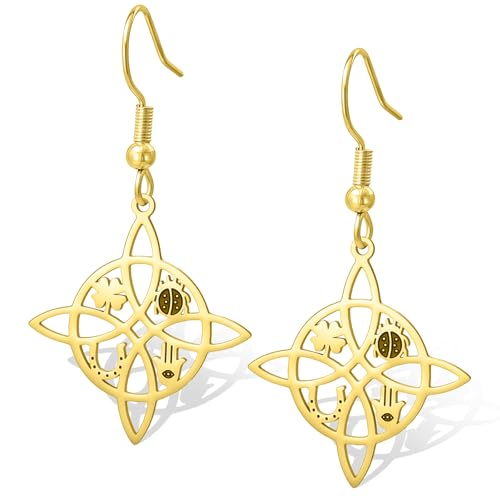 Hexenknoten Ohrringe Marienkäfer vier blättriges Kleeblatt Hufeisen Hamsa Anhänger Keltischer Knoten baumeln Ohrringe Glücksbringer Schutz Hexerei Heid nischer irischer Schmuck für Frauen (Gold) von VASSAGO