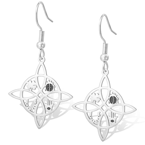 Hexenknoten Ohrringe Marienkäfer vier blättriges Kleeblatt Hufeisen Hamsa Anhänger Keltischer Knoten baumeln Ohrringe Glücksbringer Schutz Hexerei Heid nischer irischer Schmuck für Frauen (Silber) von VASSAGO
