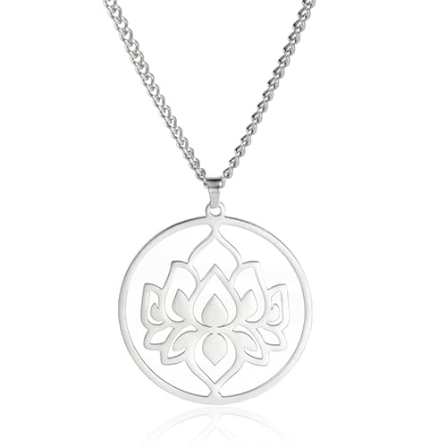 Lotusblumen-Halskette aus Edelstahl, hinduistischer Lotus-Anhänger, spiritueller Schmuck, Geschenk für Männer und Frauen, Edelstahl, Kein Edelstein von VASSAGO