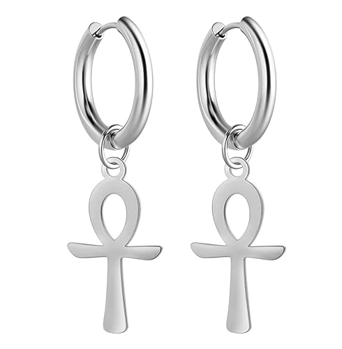 VASSAGO Ägyptisches Ankh Kreuz baumeln Ohrringe Edelstahl Ohr stecker Schlüssel des Lebens Amulett Klassischer Kreuz schmuck für Männer Frauen (Silber) von VASSAGO