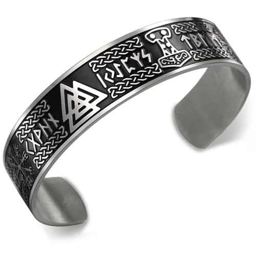 VASSAGO ASSAGO Wikinger armband für Männer Frauen Nordische Runen Mjolnir Vegvisir Kompass Triskele Valknut Helm von Amulett-Manschetten schmuck mit keltischem Knoten (Viking Armband-S) von VASSAGO