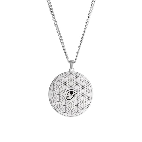 VASSAGO Blume des Lebens Halskette Edelstahl Auge des Horus Anhänger Evil Eye Talisman Schmuck für Männer Frauen, Edelstahl, Kein Edelstein von VASSAGO