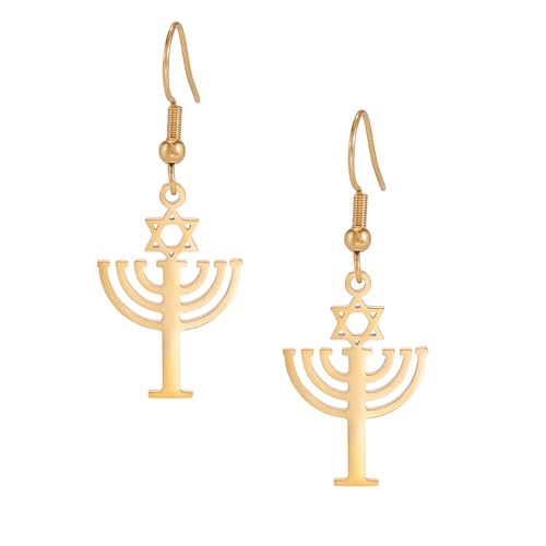 VASSAGO Chanukka Ohrringe für Frauen Jüdische Menorah baumeln Ohrringe Stern von David mit Kerze Tropfen Ohrringe Chanukka Schmuck Geschenke (Gold) von VASSAGO