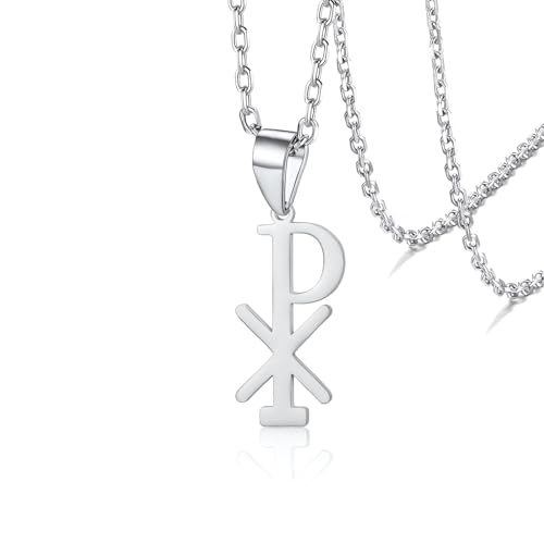 VASSAGO Chi Rho Christus Halskette Christogramm Alpha Omega PX XP Symbol Anhänger Jesus Christlicher Religiöser Schmuck Geschenk für Damen und Herren (Chi Rho Halskette-S1) von VASSAGO