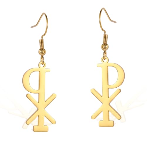 VASSAGO Chi Rho Christus Ohrringe Christogramm Alpha Omega PX XP Symbol Baumeln Tropfen Hoop Ohrring Jesus Kreuz Christlicher religiöser Schmuck Geschenk für Frauen (Chi Rho Ohrringe-G1) von VASSAGO