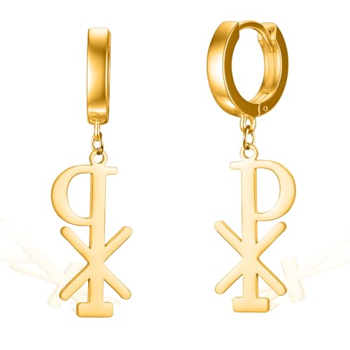 VASSAGO Chi Rho Christus Ohrringe Christogramm Alpha Omega PX XP Symbol Baumeln Tropfen Hoop Ohrring Jesus Kreuz Christlicher religiöser Schmuck Geschenk für Frauen (Chi Rho Ohrringe-G2) von VASSAGO
